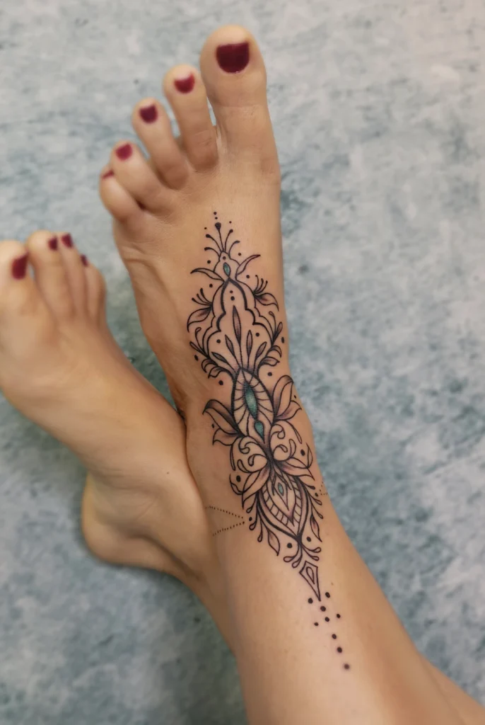 Tattoo mit Ornamenten entlang des Fußrists, mit feinen Linien und dekorativen Punkten.
