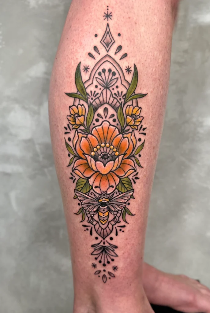 Tattoo mit symmetrischen Ornamenten, einer stilisierten Blume in Orangetönen und einer Biene am Bein.