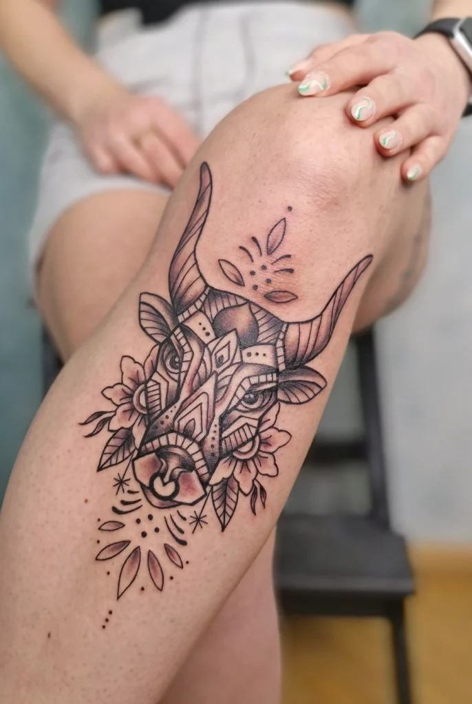 Tattoo eines kunstvoll gestalteten Stierkopfes mit geometrischen Mustern und floralen Details, gestochen am Knie.