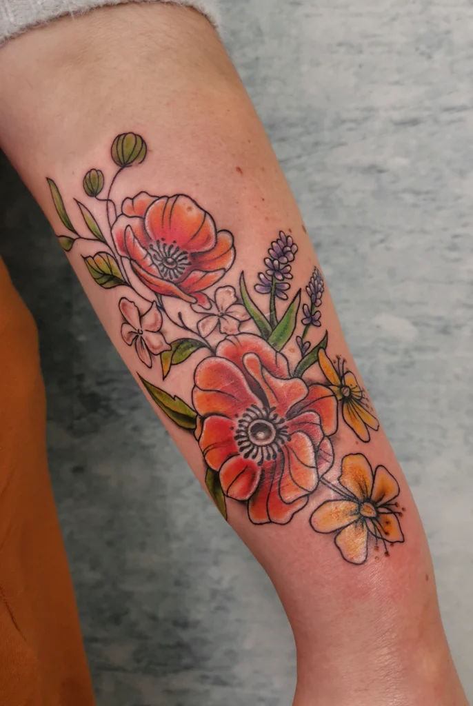 Tattoo mit leuchtend roten Mohnblüten, Lavendel und verschiedenen Wildblumen in natürlichen Farbtönen, gestochen auf dem Unterarm.