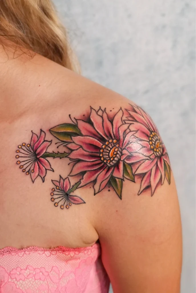 Tattoo mit mehreren pinken Blüten und grünen Blättern, gestochen auf der Schulter mit feinen Schattierungen und sanften Farbverläufen.