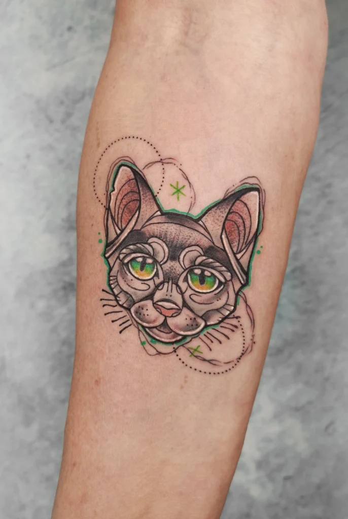 Tattoo eines stilisierten Katzenkopfes mit großen grünen Augen, feinen Schattierungen und verspielten grafischen Elementen auf dem Unterarm