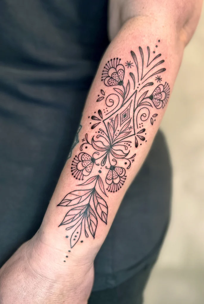 Feines Tattoo auf dem Unterarm mit ornamentalen Blumenmotiven, geschwungenen Linien und stilisierten Blättern in schwarzer Linienführung.