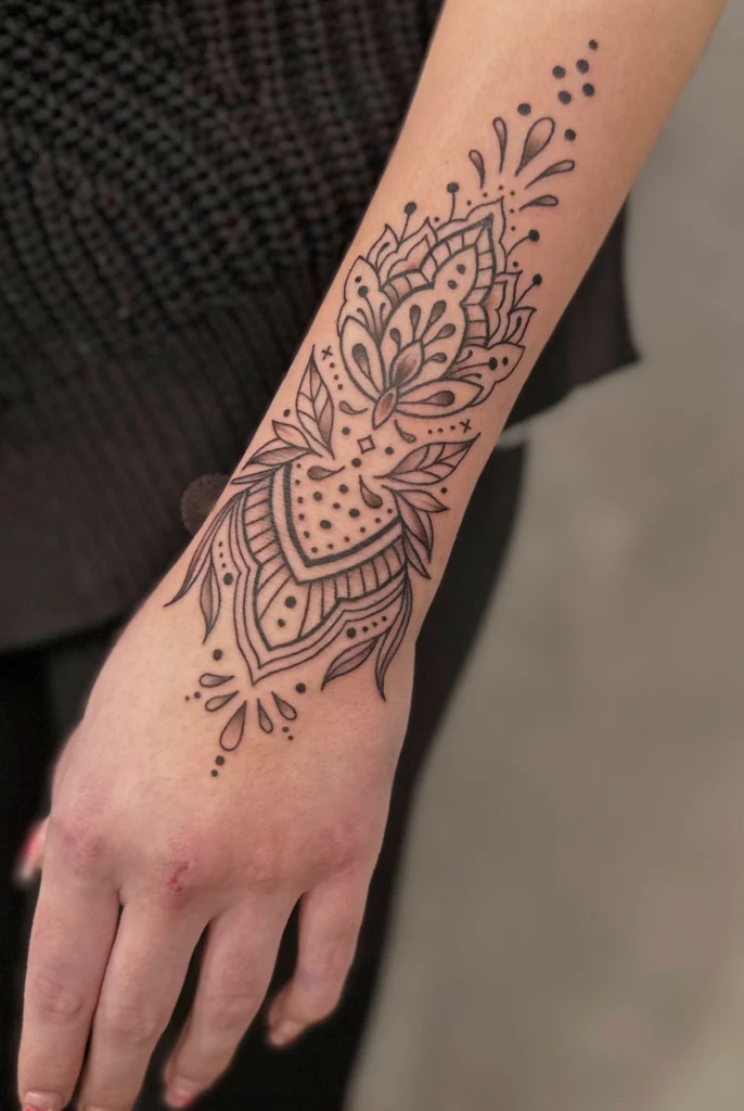 Mandala-inspiriertes Tattoo mit floralen Mustern und filigranen Linien, gestochen auf dem Handrücken.