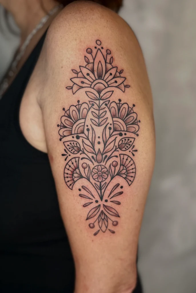Tattoo mit symmetrischen Ornamenten und floralen Details, gestochen auf dem Oberarm.
